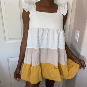 White Yellow Babydoll Mini Dress Ruffle Sleeve Tunic Shirt